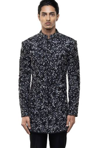 Black embroidered silk sherwani set