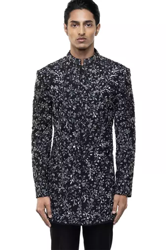 Black embroidered silk sherwani set