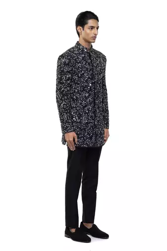 Black embroidered silk sherwani set