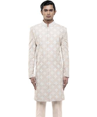 Beige embroidered silk sherwani set 1