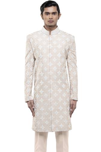 Beige embroidered silk sherwani set
