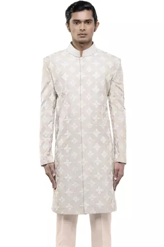 Beige embroidered silk sherwani set
