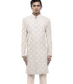 Beige embroidered silk sherwani set