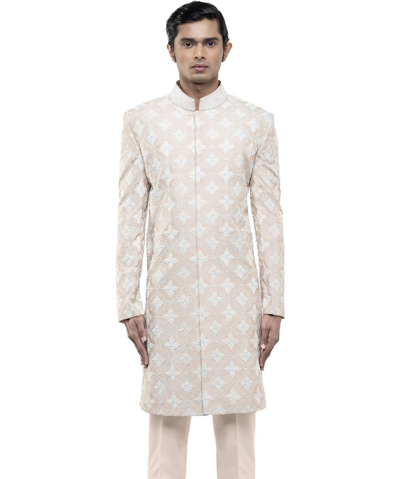 Beige embroidered silk sherwani set