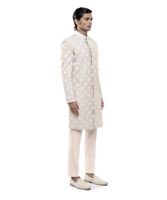 Beige embroidered silk sherwani set 3