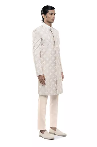 Beige embroidered silk sherwani set