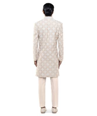 Beige embroidered silk sherwani set 4