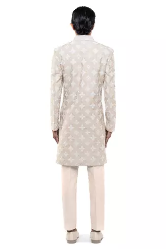 Beige embroidered silk sherwani set