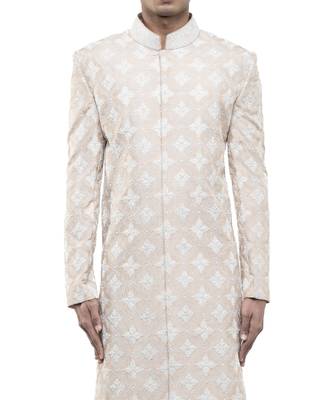 Beige embroidered silk sherwani set 5