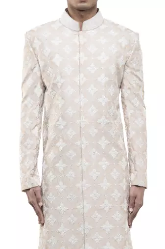 Beige embroidered silk sherwani set