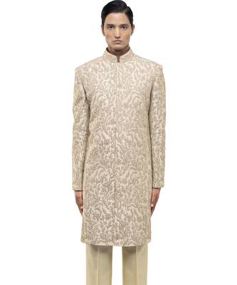 Beige embroidered silk sherwani set 1