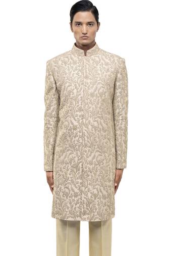 Beige embroidered silk sherwani set