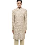 Beige embroidered silk sherwani set