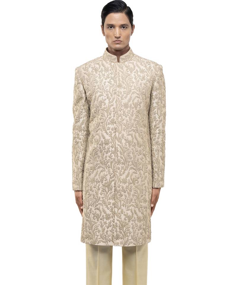 Beige embroidered silk sherwani set