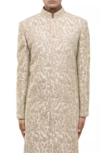 Beige embroidered silk sherwani set