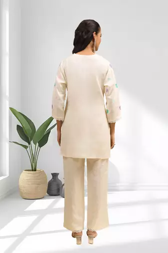 Cream short kurta with pant v-neck for women's wear