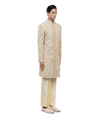 Beige embroidered silk sherwani set 3