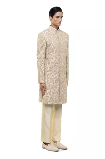 Beige embroidered silk sherwani set