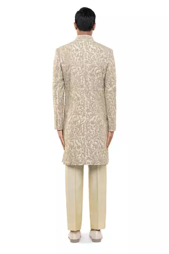 Beige embroidered silk sherwani set