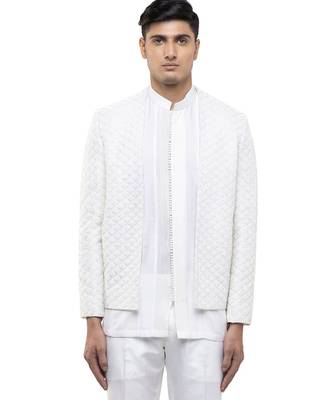 White embroidered silk bandhgala set 1