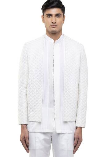 White embroidered silk bandhgala set