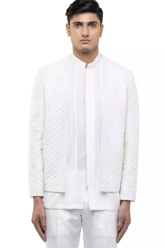 White embroidered silk bandhgala set