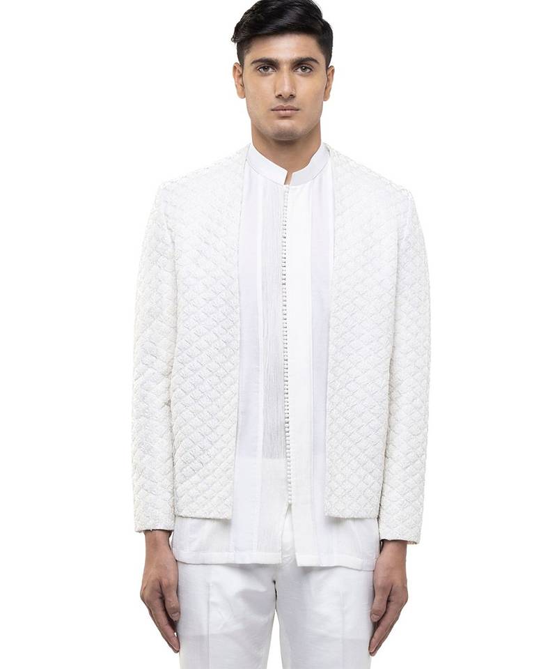 White embroidered silk bandhgala set