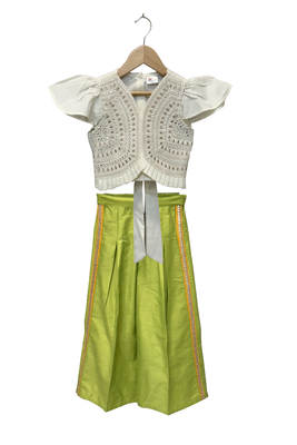 woven half sleeves embellished top with palazzo-white & limegreen 1