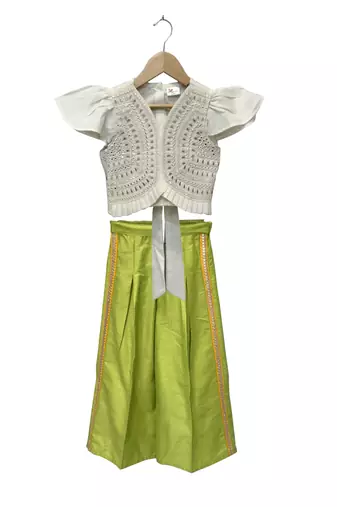 woven half sleeves embellished top with palazzo-white & limegreen
