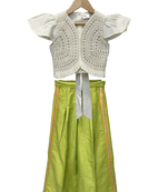 woven half sleeves embellished top with palazzo-white & limegreen
