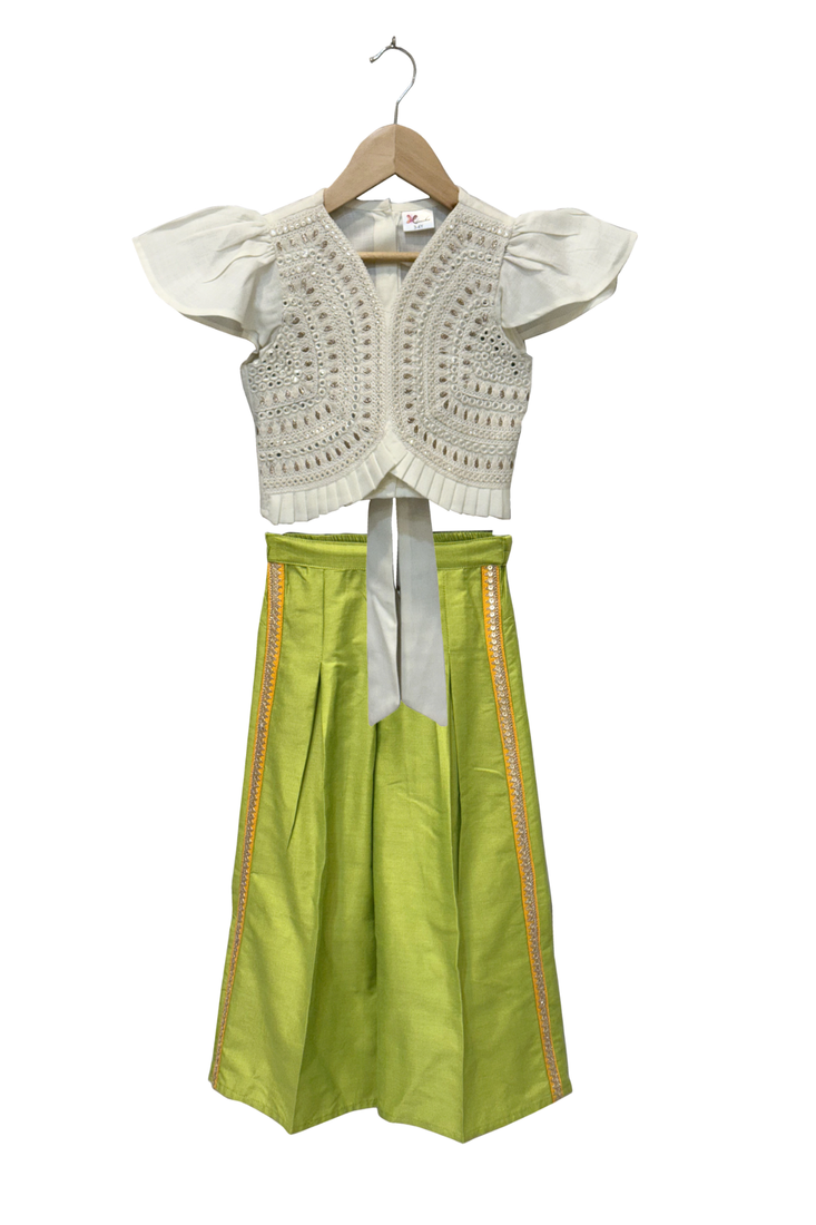 woven half sleeves embellished top with palazzo-white & limegreen
