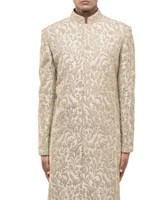 Beige embroidered silk sherwani set 5