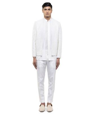 White embroidered silk bandhgala set 2