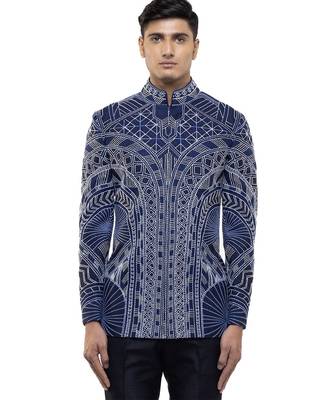 Blue embroidered silk bandhgala set 1
