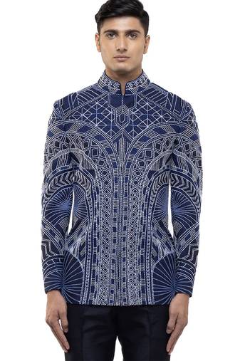 Blue embroidered silk bandhgala set