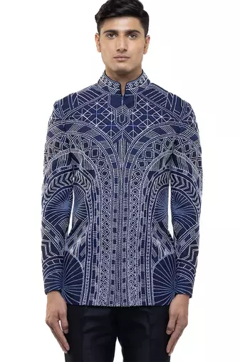 Blue embroidered silk bandhgala set