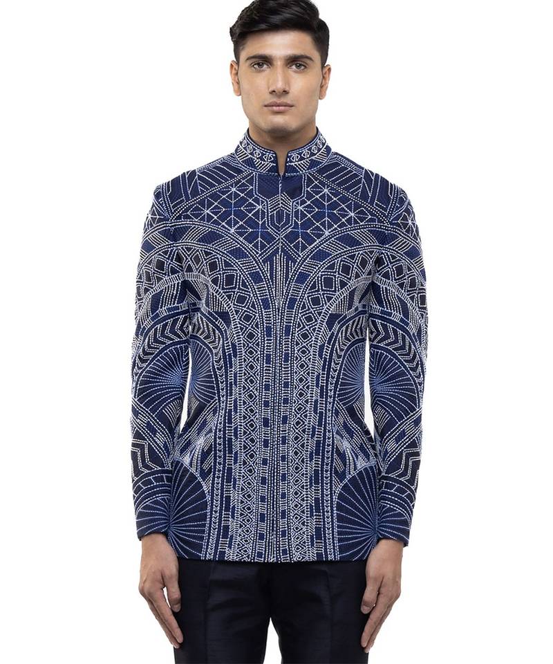 Blue embroidered silk bandhgala set