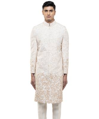 White embroidered silk sherwani set 1