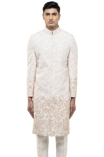 White embroidered silk sherwani set