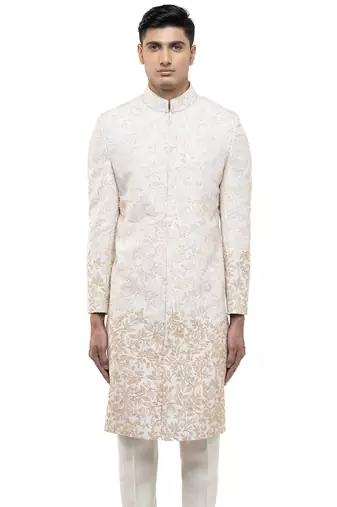 White embroidered silk sherwani set