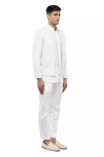 White embroidered silk bandhgala set