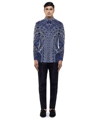 Blue embroidered silk bandhgala set 3