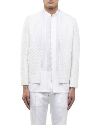 White embroidered silk bandhgala set 4