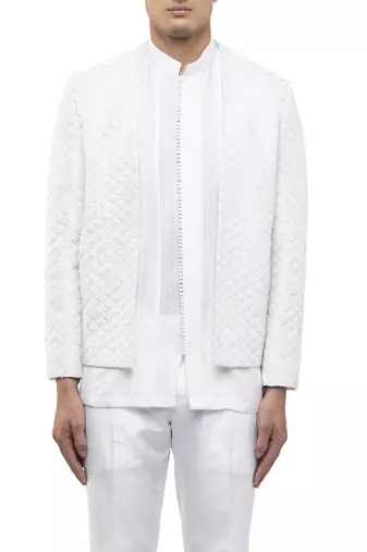 White embroidered silk bandhgala set