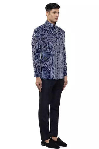 Blue embroidered silk bandhgala set