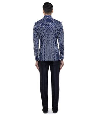 Blue embroidered silk bandhgala set 5