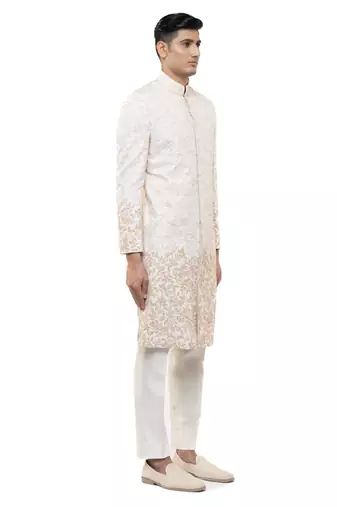 White embroidered silk sherwani set