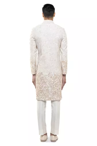 White embroidered silk sherwani set