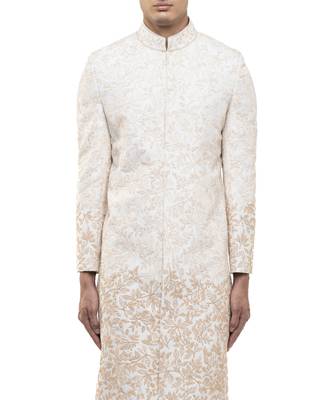 White embroidered silk sherwani set 5
