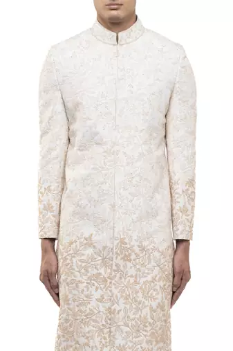 White embroidered silk sherwani set